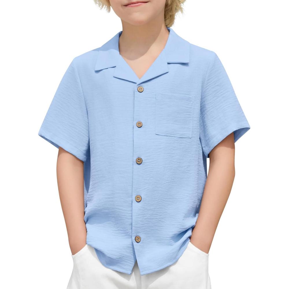 imageArshiner Boys Short Sleeve Button Down Shirt Texture Summer Beach Vacation Shirt 412 YearsLight Blue