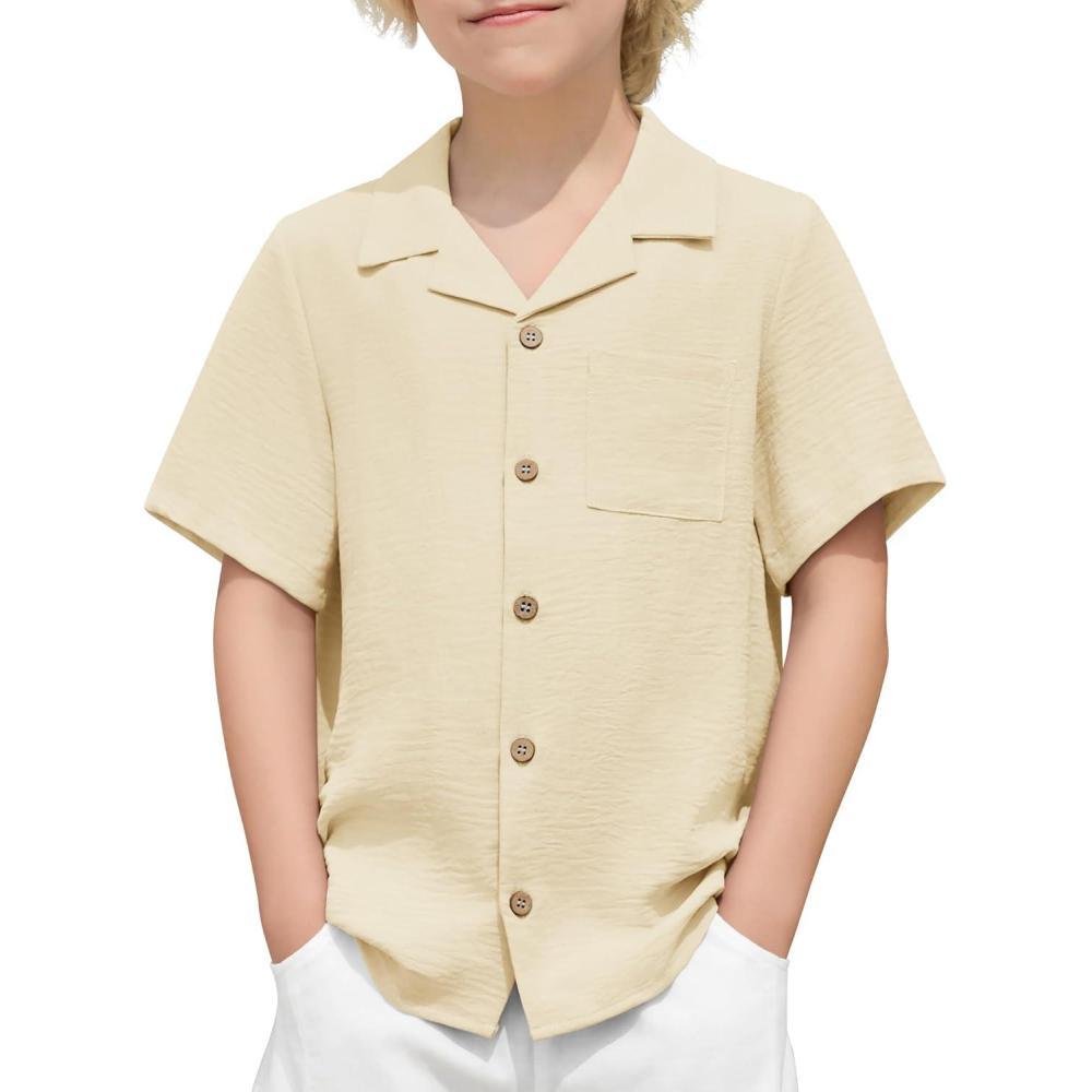 imageArshiner Boys Short Sleeve Button Down Shirt Texture Summer Beach Vacation Shirt 412 YearsLight Khaki