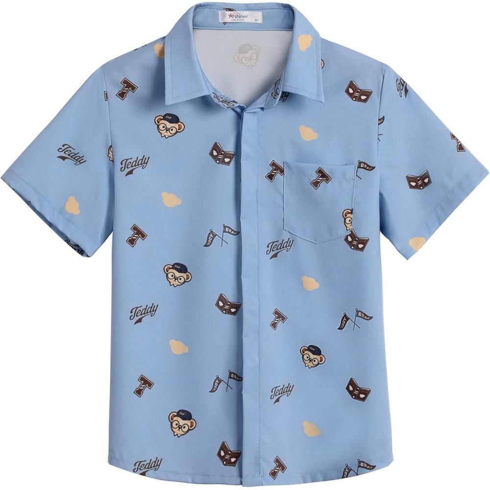 imageArshiner Boys Short Sleeve Dress Shirts Solid Button Down Shirts Summer Formal Uniform Shirt with PocketLight Blue Teddy
