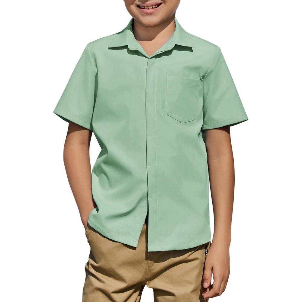 imageArshiner Boys Short Sleeve Dress Shirts Solid Button Down Shirts Summer Formal Uniform Shirt with PocketLight Green