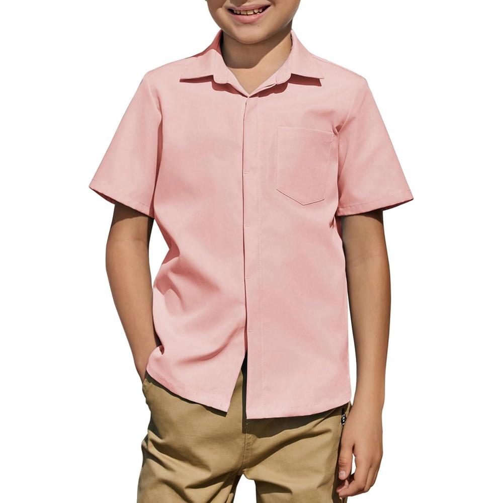 imageArshiner Boys Short Sleeve Dress Shirts Solid Button Down Shirts Summer Formal Uniform Shirt with PocketPink