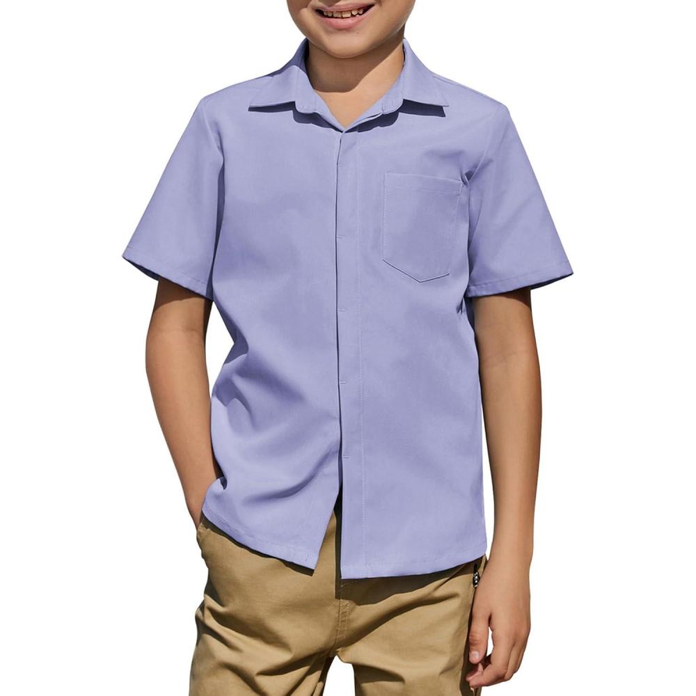 imageArshiner Boys Short Sleeve Dress Shirts Solid Button Down Shirts Summer Formal Uniform Shirt with PocketPurple