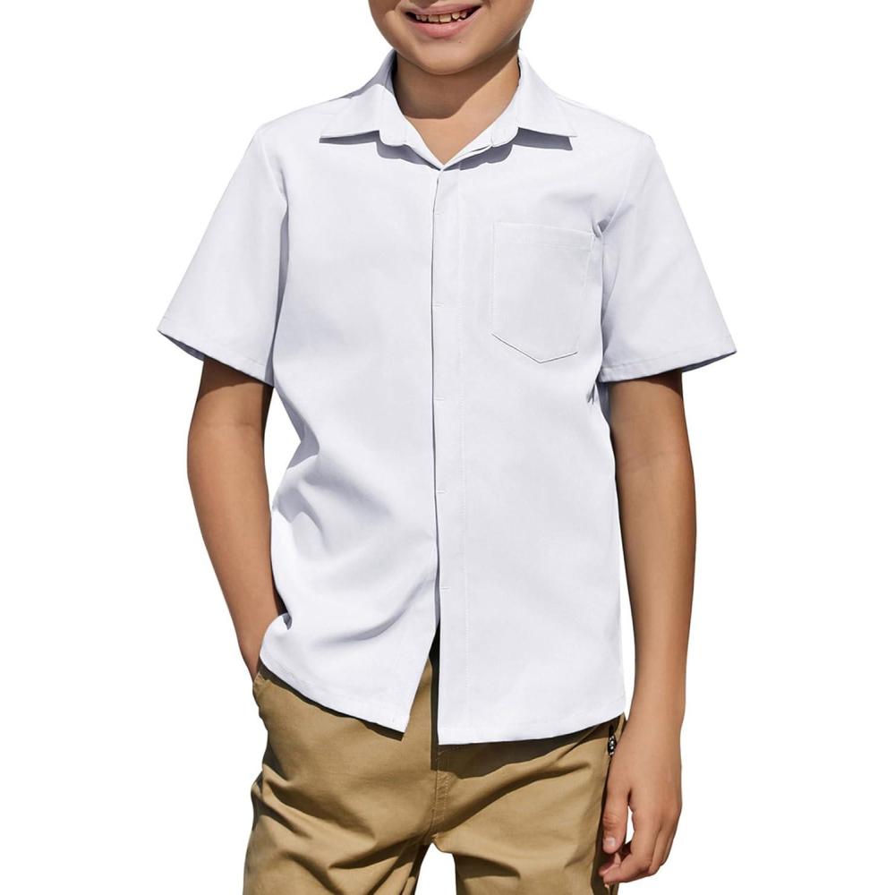 imageArshiner Boys Short Sleeve Dress Shirts Solid Button Down Shirts Summer Formal Uniform Shirt with PocketWhite