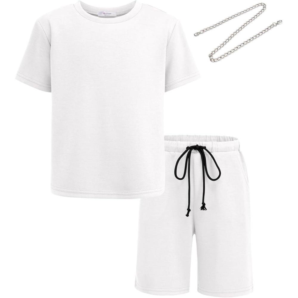imageArshiner Boys Solid Round Neck Tee ampamp Track Shorts Set with Chain Necklace White Size 12