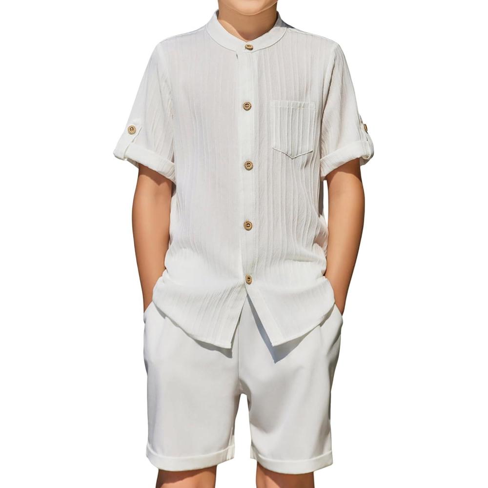 imageArshiner Boys Summer Beach Outfits Short Sleeve White Shirt and Shorts Vacation Texture Sets 78 Years