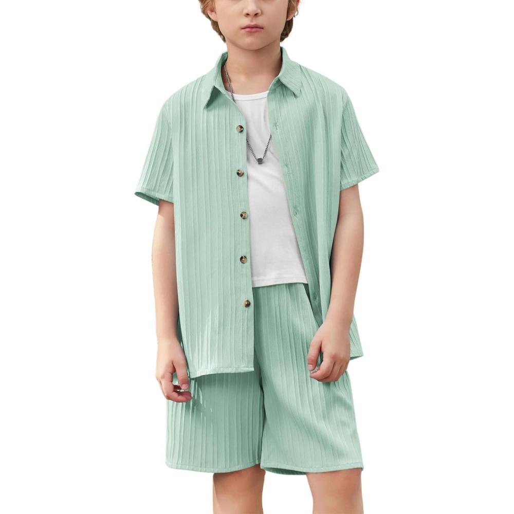 imageArshiner Boys Textured Button Up Shirt and Shorts Set 2 Piece Summer Beach Outfit for 512 Years KidsLight Green