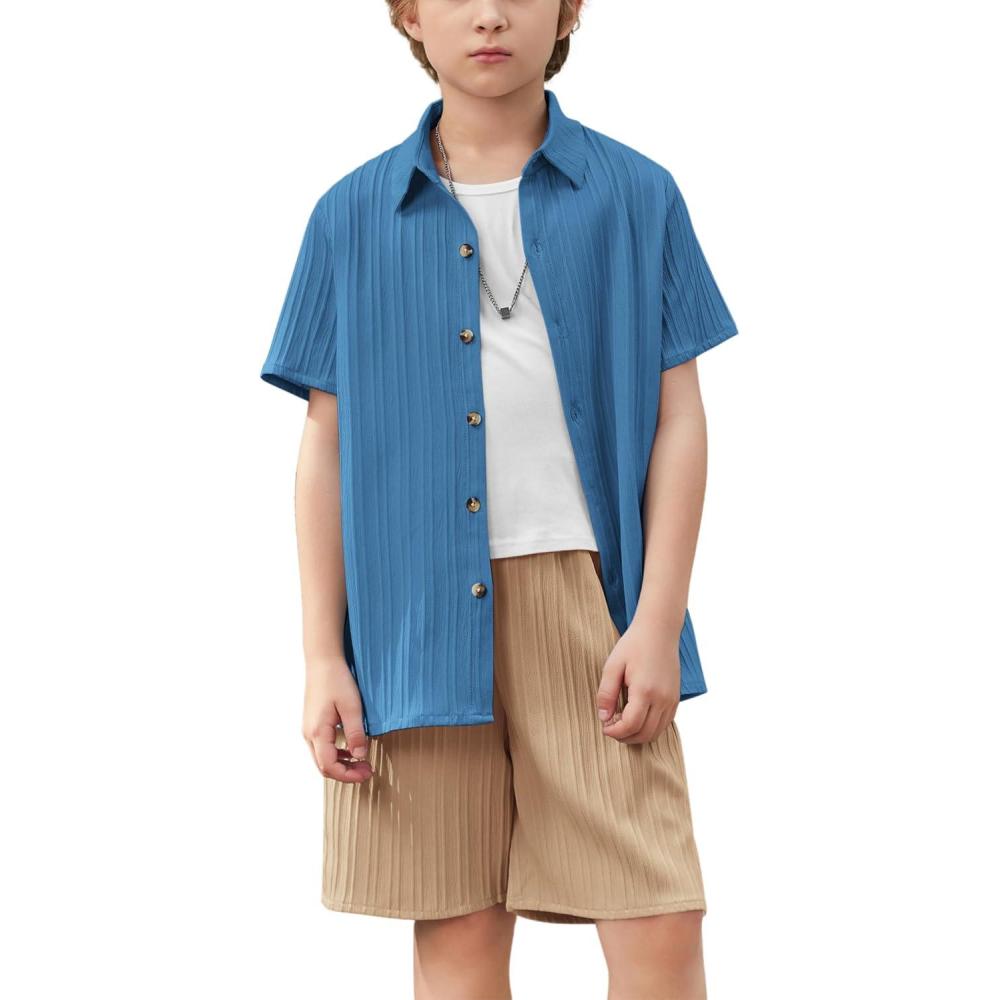 imageArshiner Boys Textured Button Up Shirt and Shorts Set 2 Piece Summer Beach Outfit for 512 Years KidsRoyal Blue  Khaki