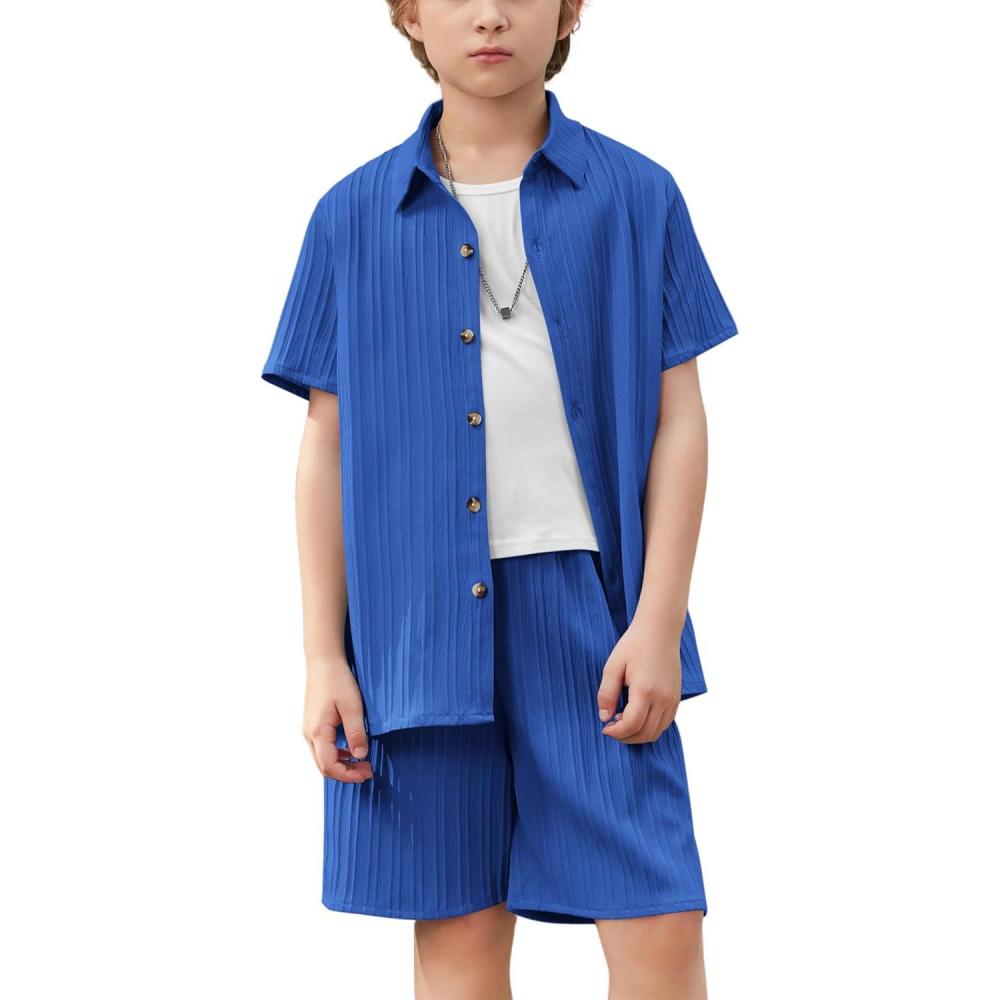 imageArshiner Boys Textured Button Up Shirt and Shorts Set 2 Piece Summer Beach Outfit for 512 Years KidsRoyal Blue