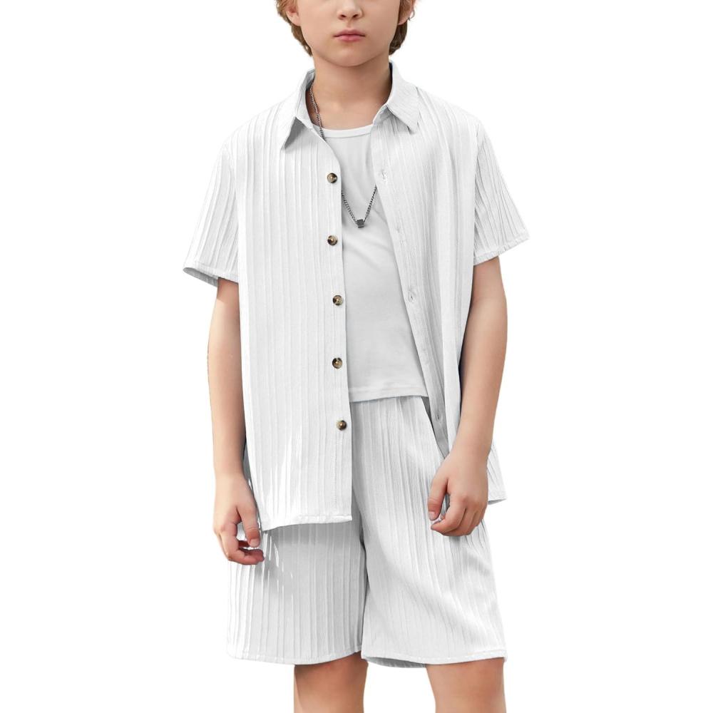 imageArshiner Boys Textured Button Up Shirt and Shorts Set 2 Piece Summer Beach Outfit for 512 Years KidsWhite