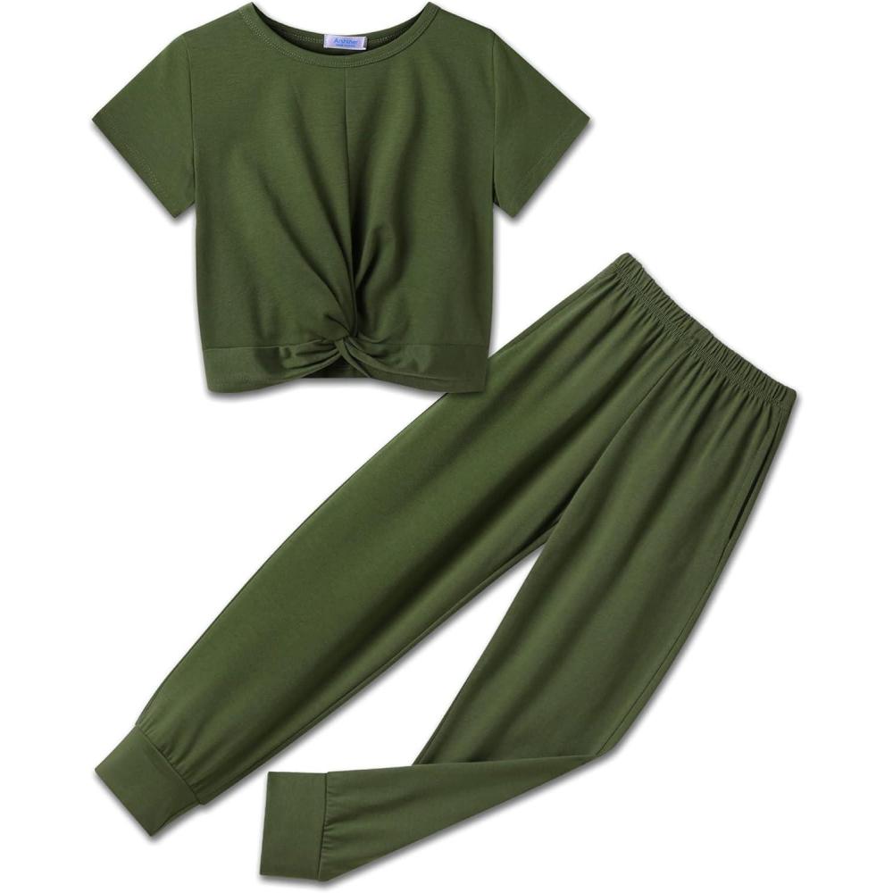 imageArshiner Cute Outfits for Girls 2 Pieces Tracksuits Jogger Suits Sweatsuits Set Army Green 1213 Years Old