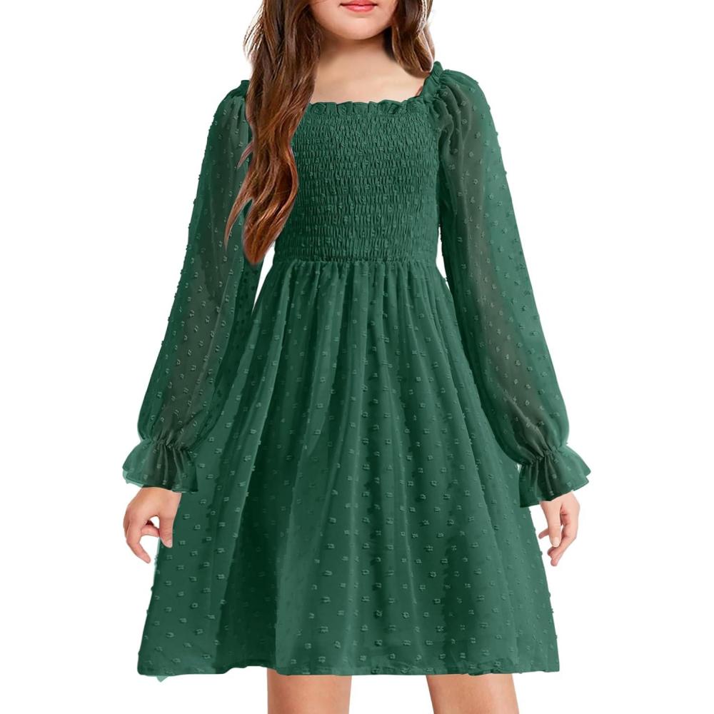 imageArshiner Girl Tulle Dress Winter Long Sleeve Teen Girls Party Casual Dresses 514YDark Green
