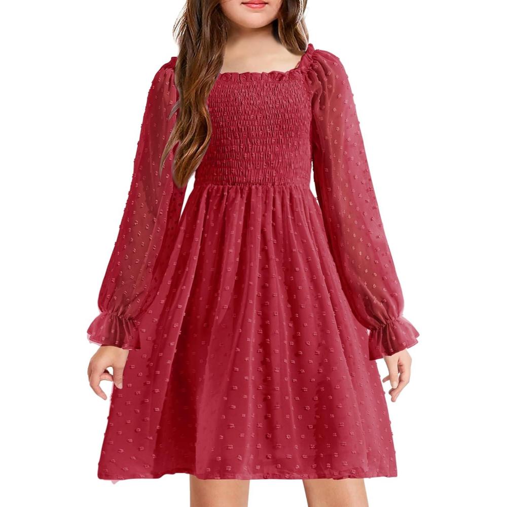 imageArshiner Girl Tulle Dress Winter Long Sleeve Teen Girls Party Casual Dresses 514YWine Red