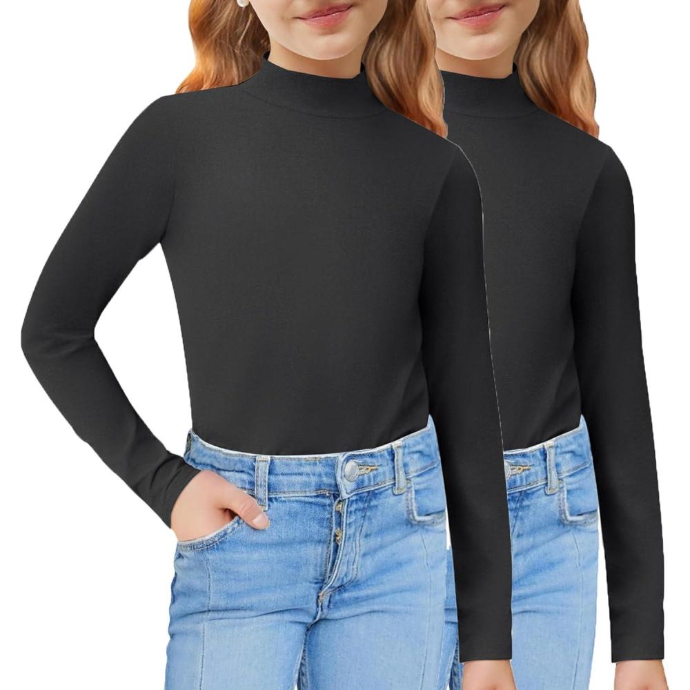 imageArshiner Girls 2 Pack Mock Turtleneck Long Sleeve Shirts Slim Fit Casual Trendy Soft Base Layer Top TeeBlackBlack