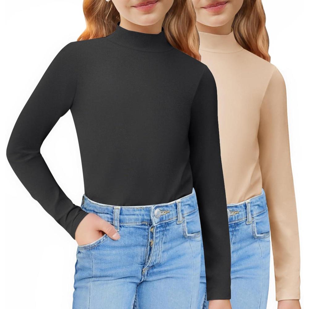 imageArshiner Girls 2 Pack Mock Turtleneck Long Sleeve Shirts Slim Fit Casual Trendy Soft Base Layer Top TeeBlackKhaki