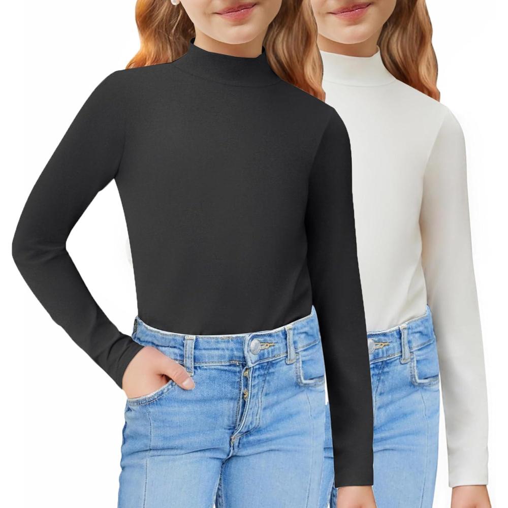 imageArshiner Girls 2 Pack Mock Turtleneck Long Sleeve Shirts Slim Fit Casual Trendy Soft Base Layer Top TeeBlackWhite