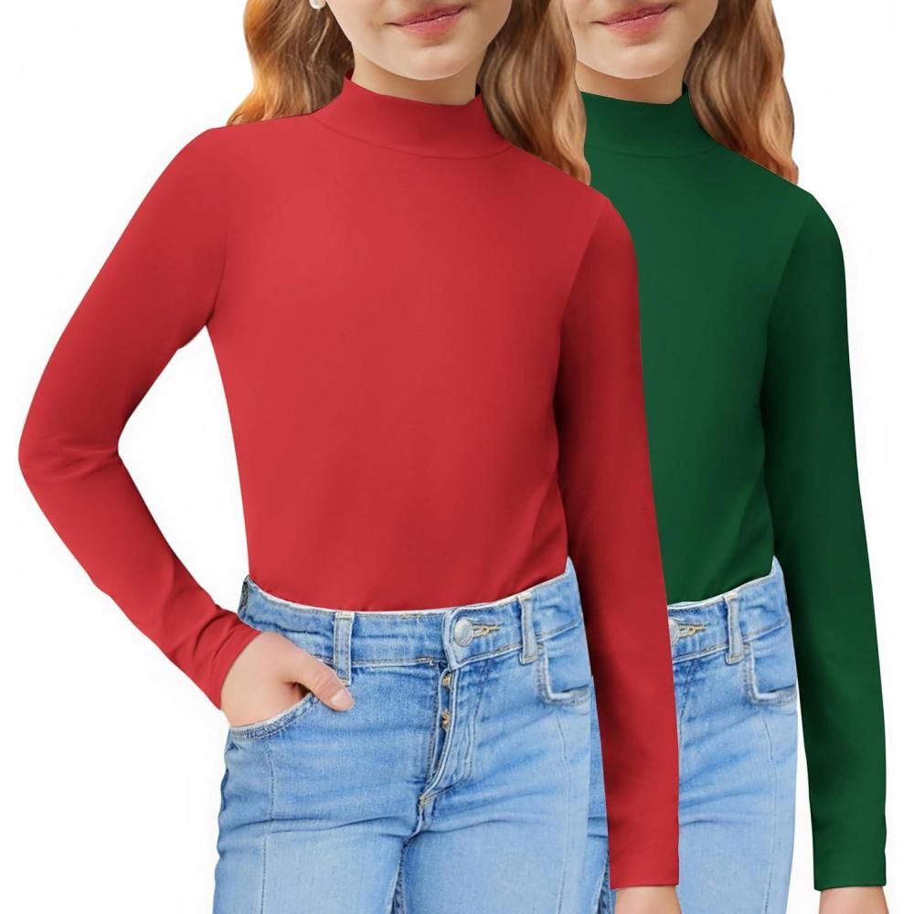 imageArshiner Girls 2 Pack Mock Turtleneck Long Sleeve Shirts Slim Fit Casual Trendy Soft Base Layer Top TeeRedGreen
