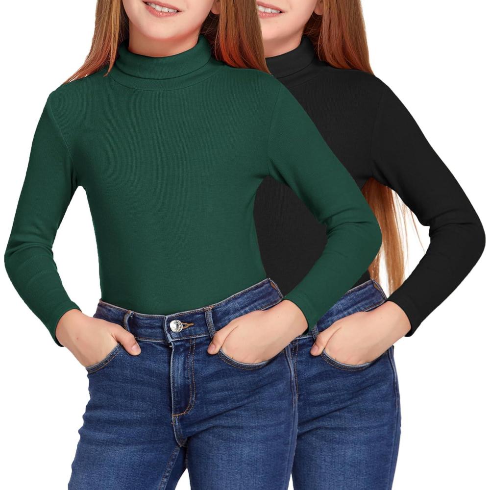 imageArshiner Girls 2 Pack Turtleneck Long Sleeve Shirts Ribbed Base Layer Top Slim Fit Pullover Blouse TeeBlackGreen