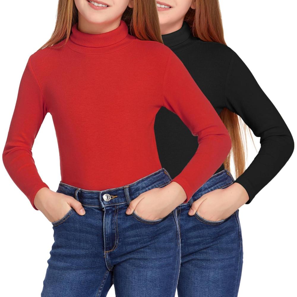 imageArshiner Girls 2 Pack Turtleneck Long Sleeve Shirts Ribbed Base Layer Top Slim Fit Pullover Blouse TeeBlackRed