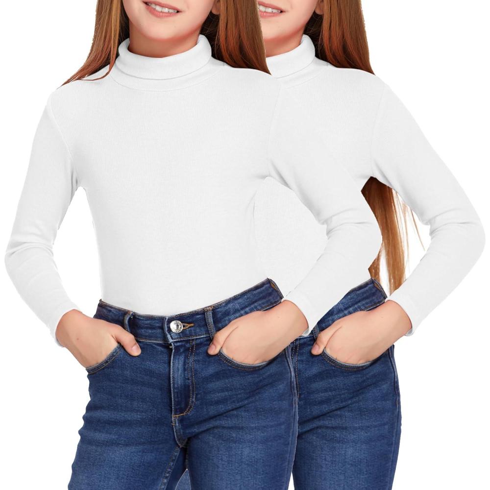 imageArshiner Girls 2 Pack Turtleneck Long Sleeve Shirts Ribbed Base Layer Top Slim Fit Pullover Blouse TeeWhiteWhite
