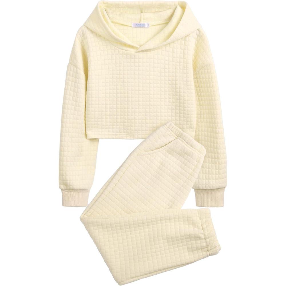 imageArshiner Girls 2 Piece Outfit Waffle Knit Pullover Hooded Sweatshirt and Sweatpants Clothing Sets Long Sleeve TracksuitsBeige