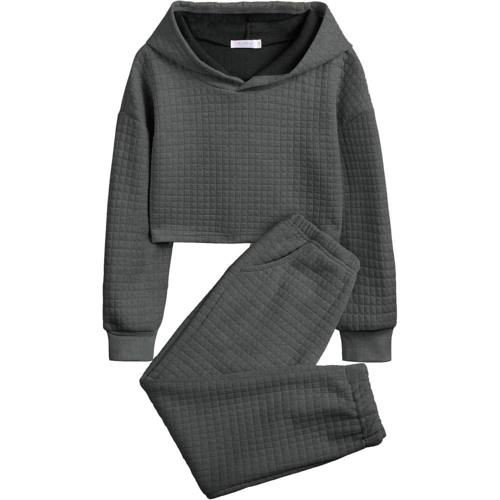 imageArshiner Girls 2 Piece Outfit Waffle Knit Pullover Hooded Sweatshirt and Sweatpants Clothing Sets Long Sleeve TracksuitsDark Gray