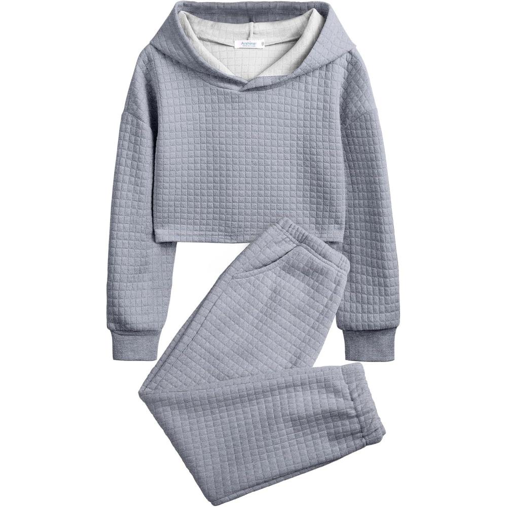imageArshiner Girls 2 Piece Outfit Waffle Knit Pullover Hooded Sweatshirt and Sweatpants Clothing Sets Long Sleeve TracksuitsGrey