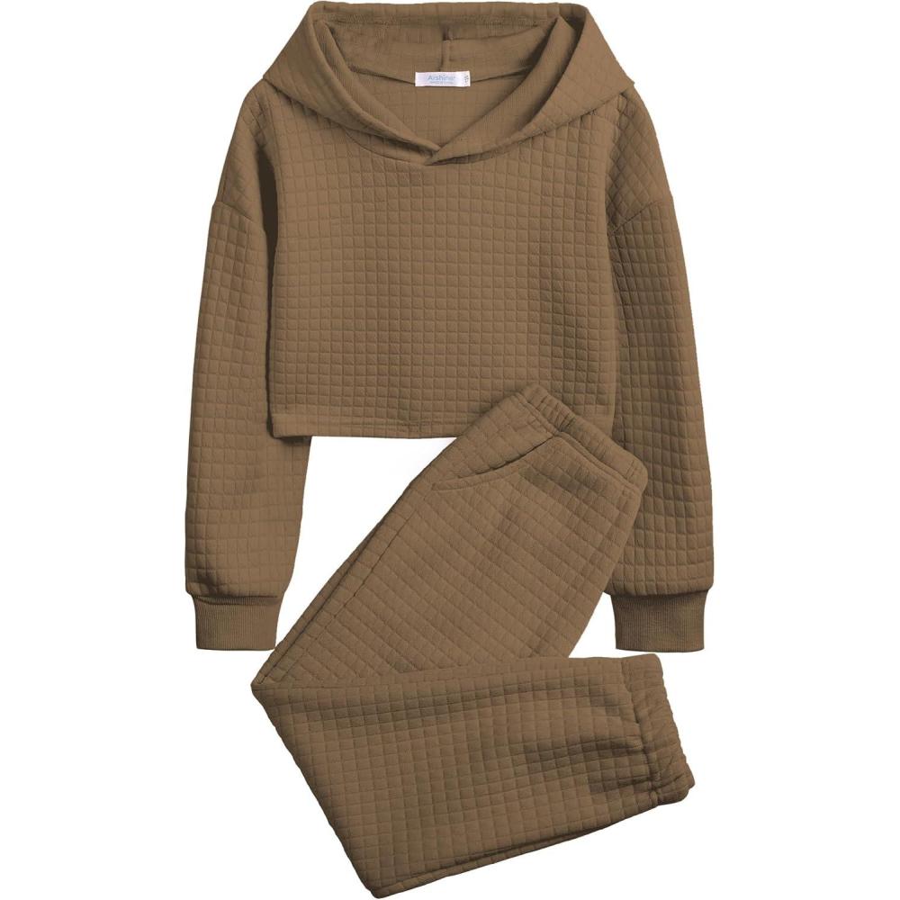 imageArshiner Girls 2 Piece Outfit Waffle Knit Pullover Hooded Sweatshirt and Sweatpants Clothing Sets Long Sleeve TracksuitsKhaki