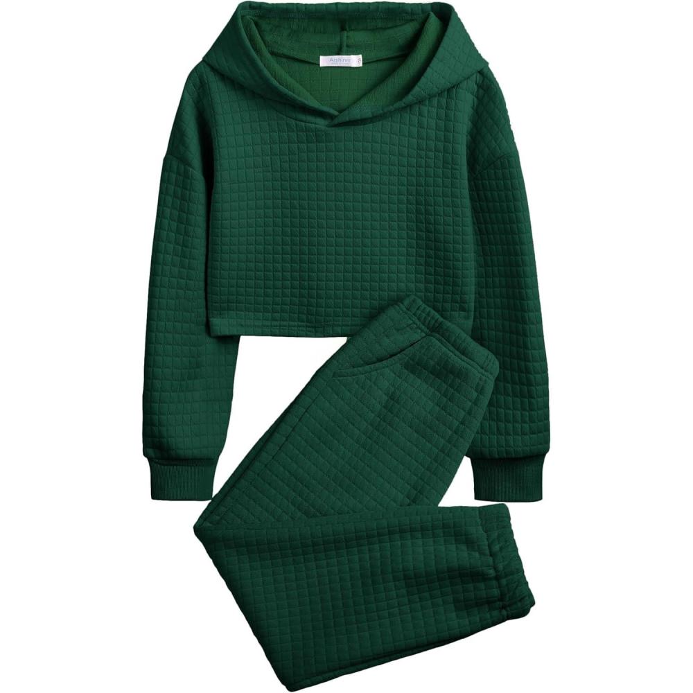 imageArshiner Girls 2 Piece Outfit Waffle Knit Pullover Hooded Sweatshirt and Sweatpants Clothing Sets Long Sleeve TracksuitsLake Green