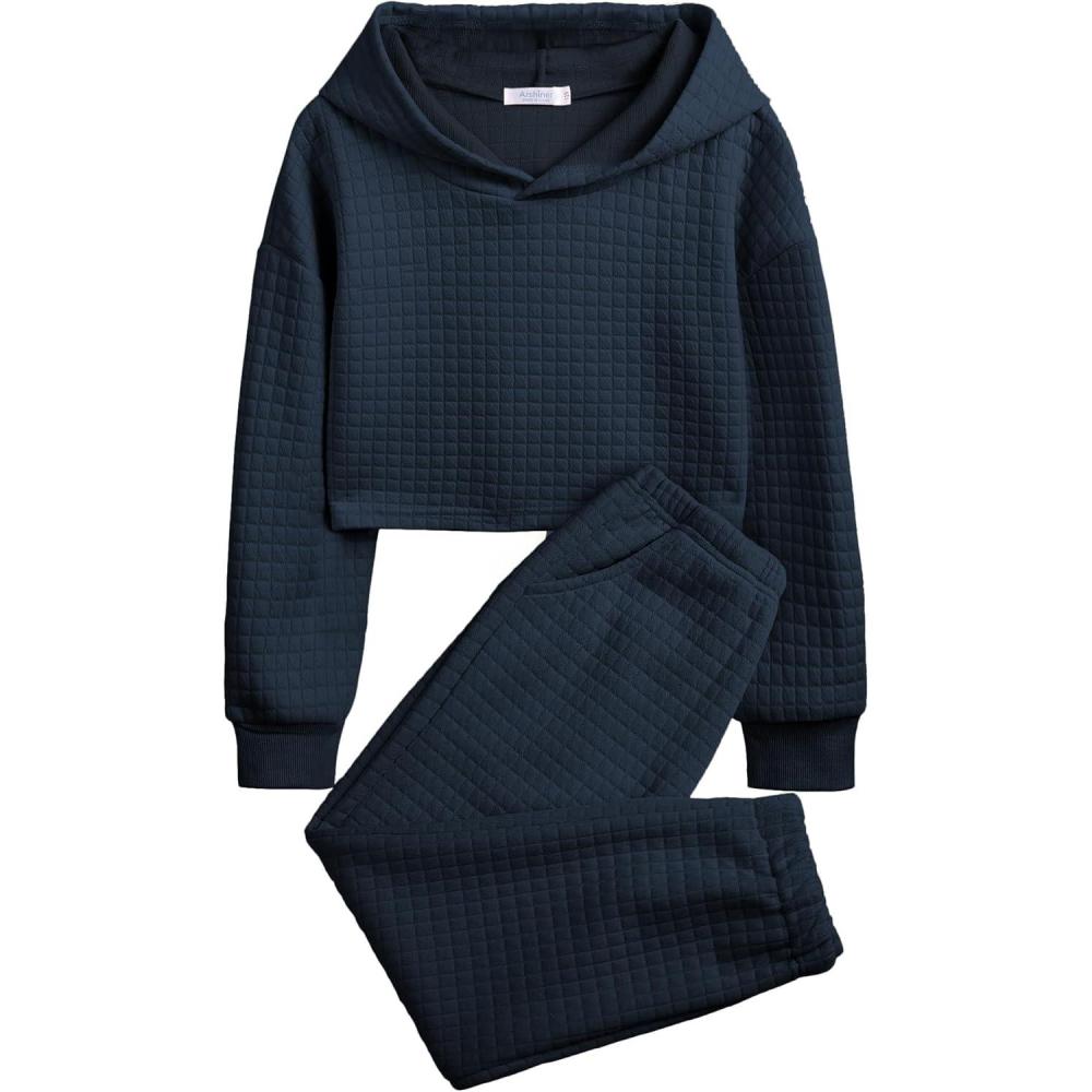 imageArshiner Girls 2 Piece Outfit Waffle Knit Pullover Hooded Sweatshirt and Sweatpants Clothing Sets Long Sleeve TracksuitsNavy Blue