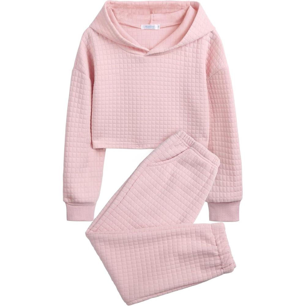 imageArshiner Girls 2 Piece Outfit Waffle Knit Pullover Hooded Sweatshirt and Sweatpants Clothing Sets Long Sleeve TracksuitsPink