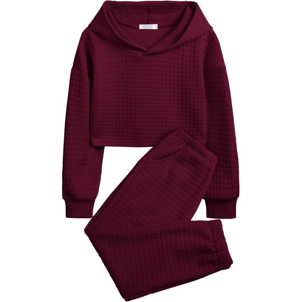 imageArshiner Girls 2 Piece Outfit Waffle Knit Pullover Hooded Sweatshirt and Sweatpants Clothing Sets Long Sleeve TracksuitsRed
