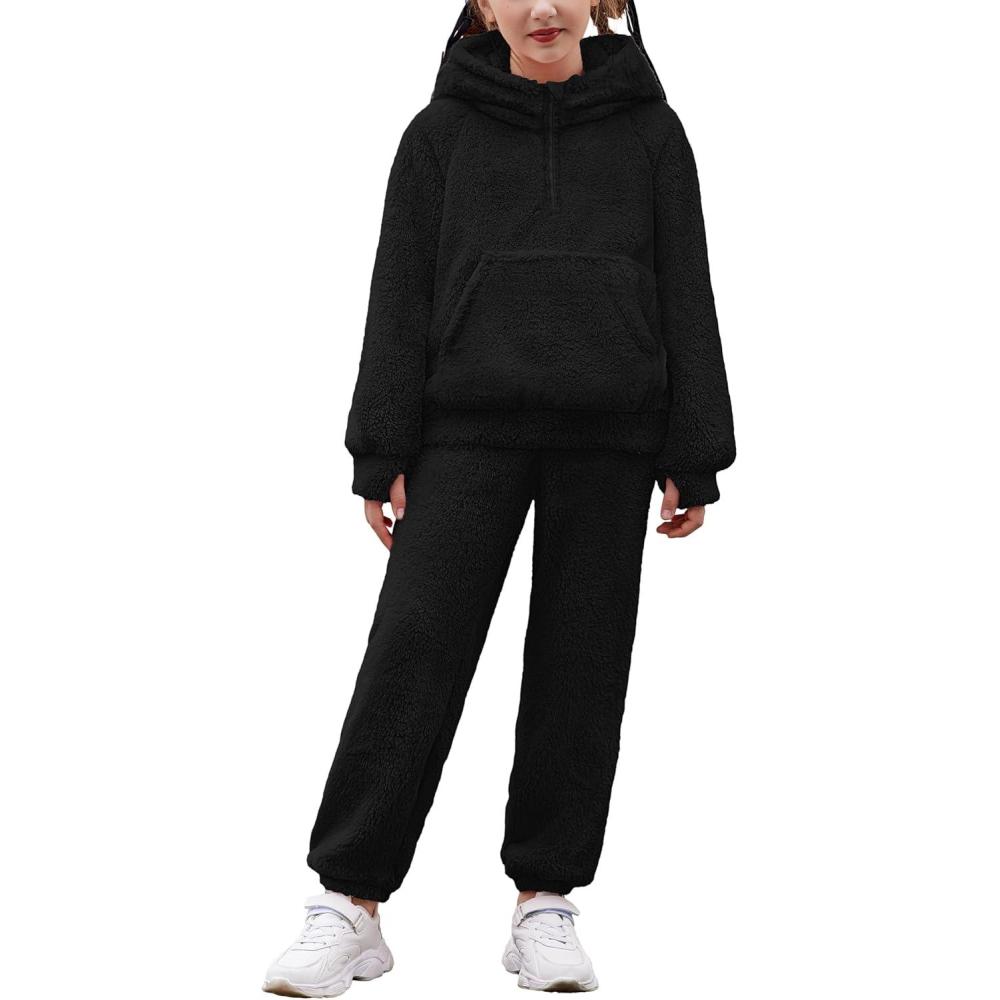 imageArshiner Girls 2 Piece Outfits Drop Shoulder Hoodie Half Zip Fluffy Sweatshirt and Fleece Pants SweatsuitBlack
