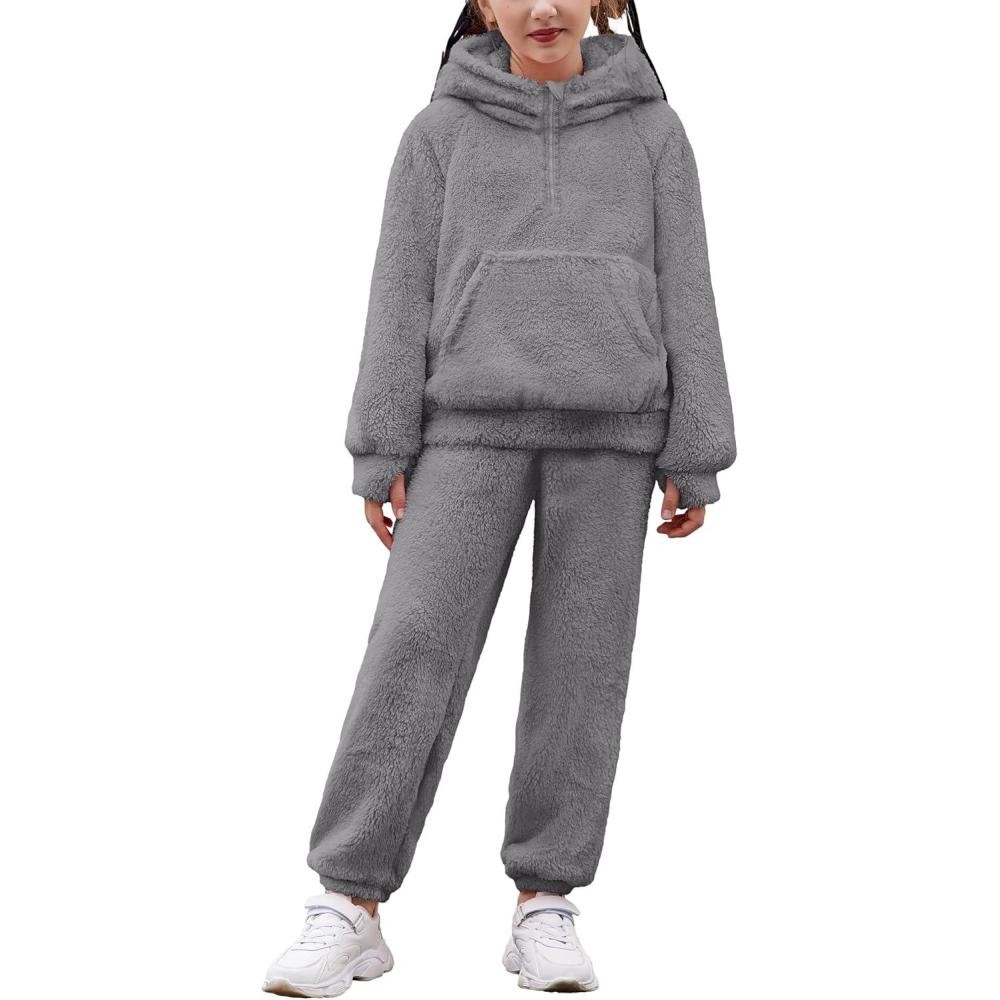 imageArshiner Girls 2 Piece Outfits Drop Shoulder Hoodie Half Zip Fluffy Sweatshirt and Fleece Pants SweatsuitDeep Grey