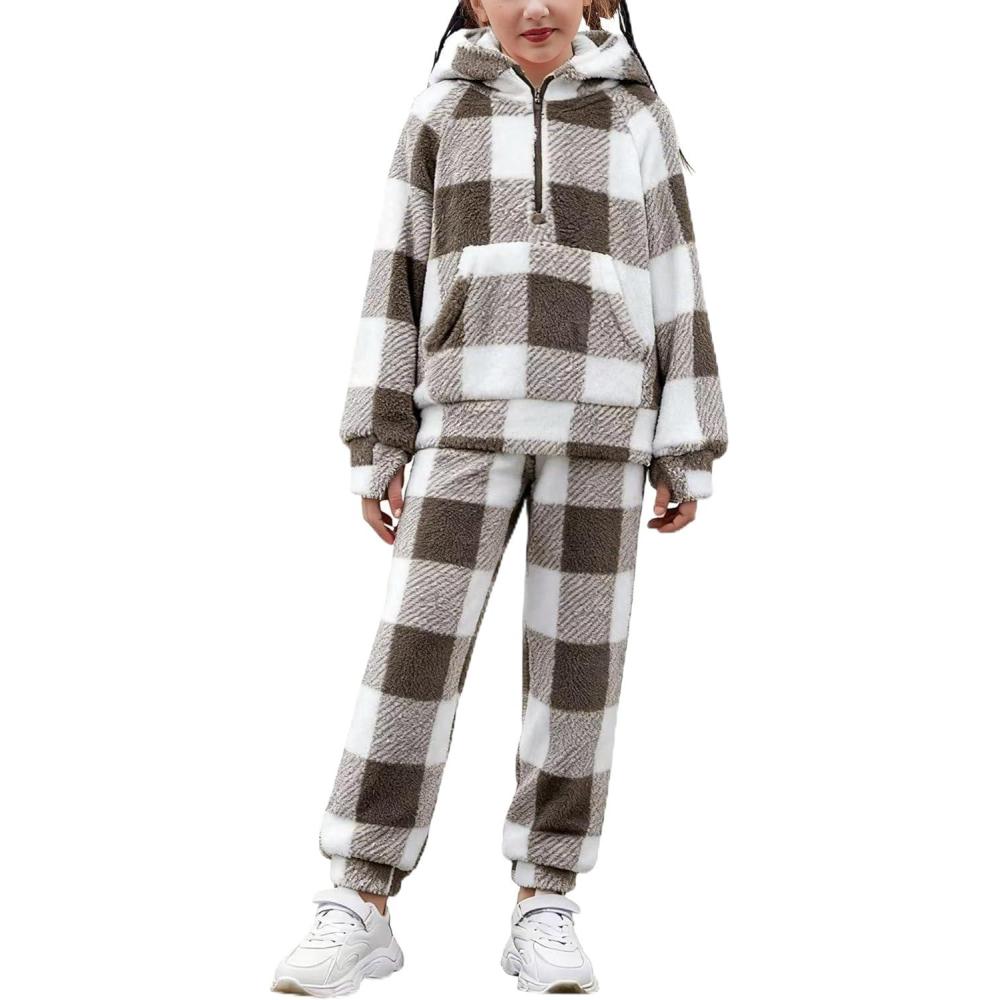 imageArshiner Girls 2 Piece Outfits Drop Shoulder Hoodie Half Zip Fluffy Sweatshirt and Fleece Pants SweatsuitKhaki Plaid