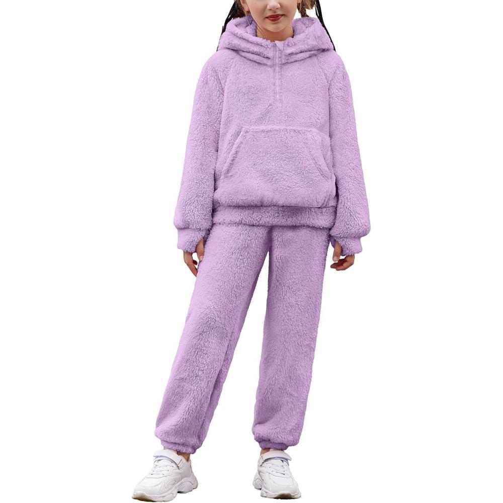 imageArshiner Girls 2 Piece Outfits Drop Shoulder Hoodie Half Zip Fluffy Sweatshirt and Fleece Pants SweatsuitLavender