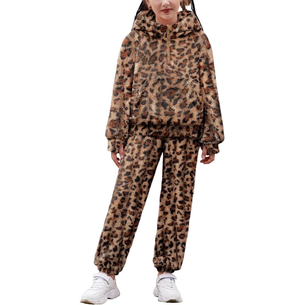 imageArshiner Girls 2 Piece Outfits Drop Shoulder Hoodie Half Zip Fluffy Sweatshirt and Fleece Pants SweatsuitLeopard