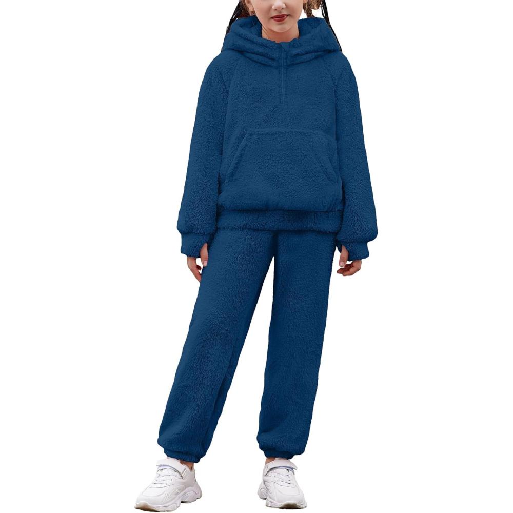imageArshiner Girls 2 Piece Outfits Drop Shoulder Hoodie Half Zip Fluffy Sweatshirt and Fleece Pants SweatsuitNavy