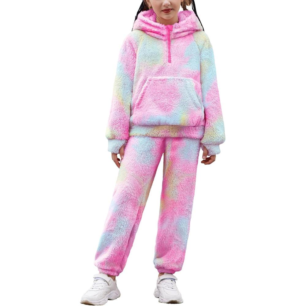 imageArshiner Girls 2 Piece Outfits Drop Shoulder Hoodie Half Zip Fluffy Sweatshirt and Fleece Pants SweatsuitPink Tie Dye