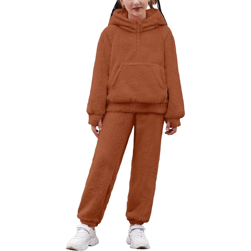 imageArshiner Girls 2 Piece Outfits Drop Shoulder Hoodie Half Zip Fluffy Sweatshirt and Fleece Pants SweatsuitReddish Brown
