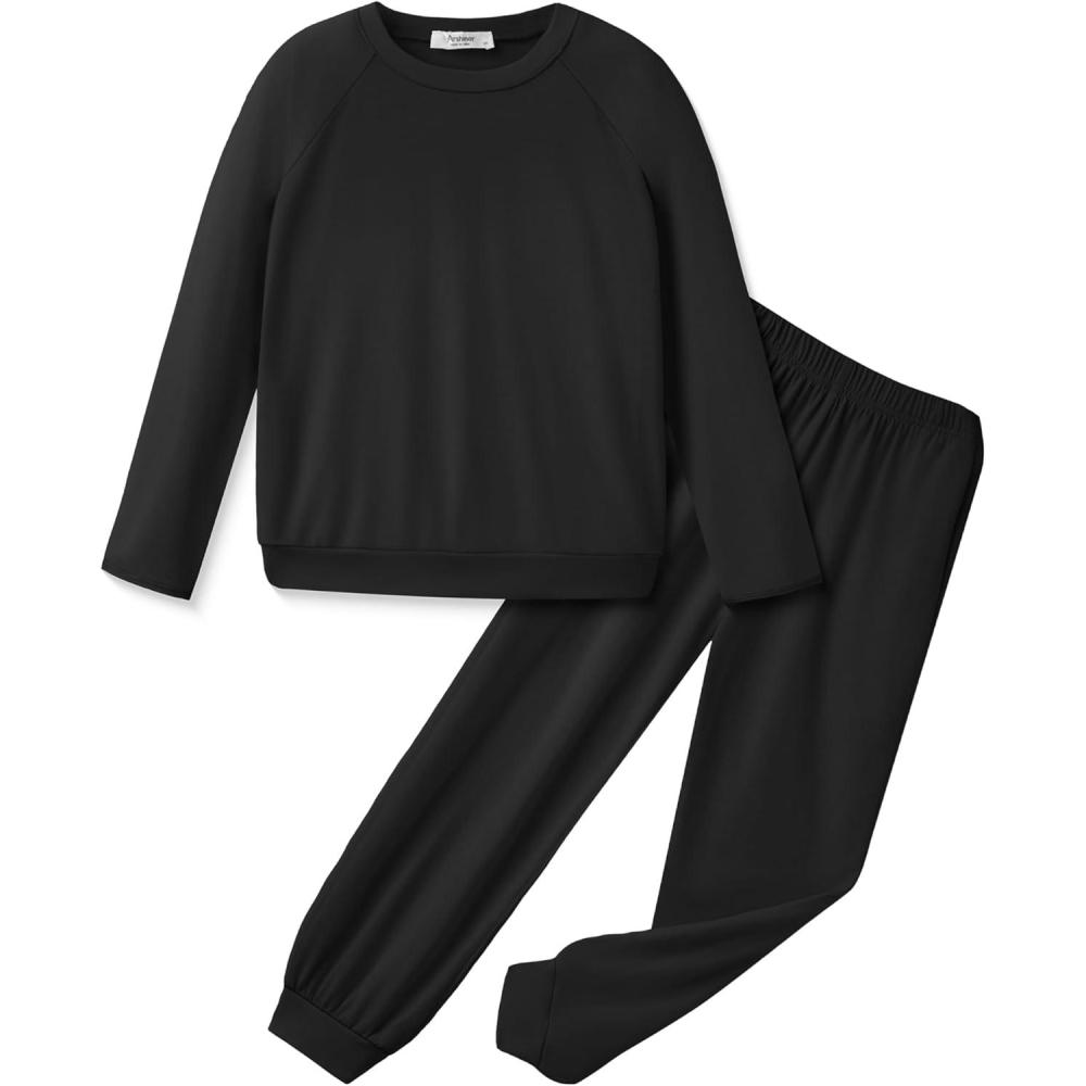 imageArshiner Girls 2 Piece Outfits Fall Clothes Long Sleeve Pullover Sweatshirt and Sweatpants with Pockets Kids ClothingBlack