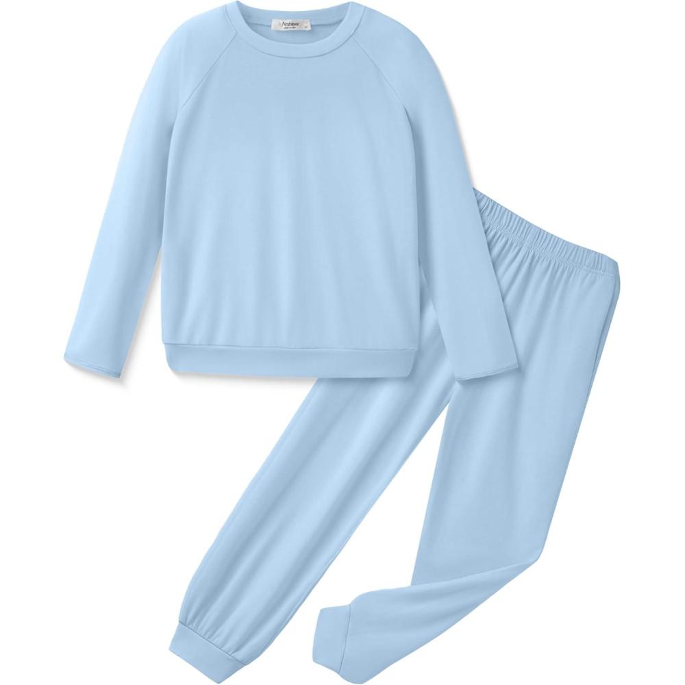 imageArshiner Girls 2 Piece Outfits Fall Clothes Long Sleeve Pullover Sweatshirt and Sweatpants with Pockets Kids ClothingBlue