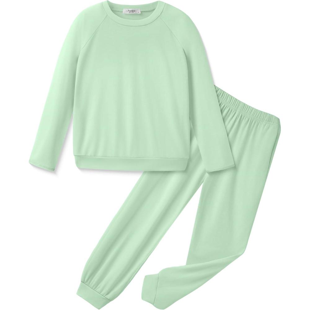 imageArshiner Girls 2 Piece Outfits Fall Clothes Long Sleeve Pullover Sweatshirt and Sweatpants with Pockets Kids ClothingLight Green