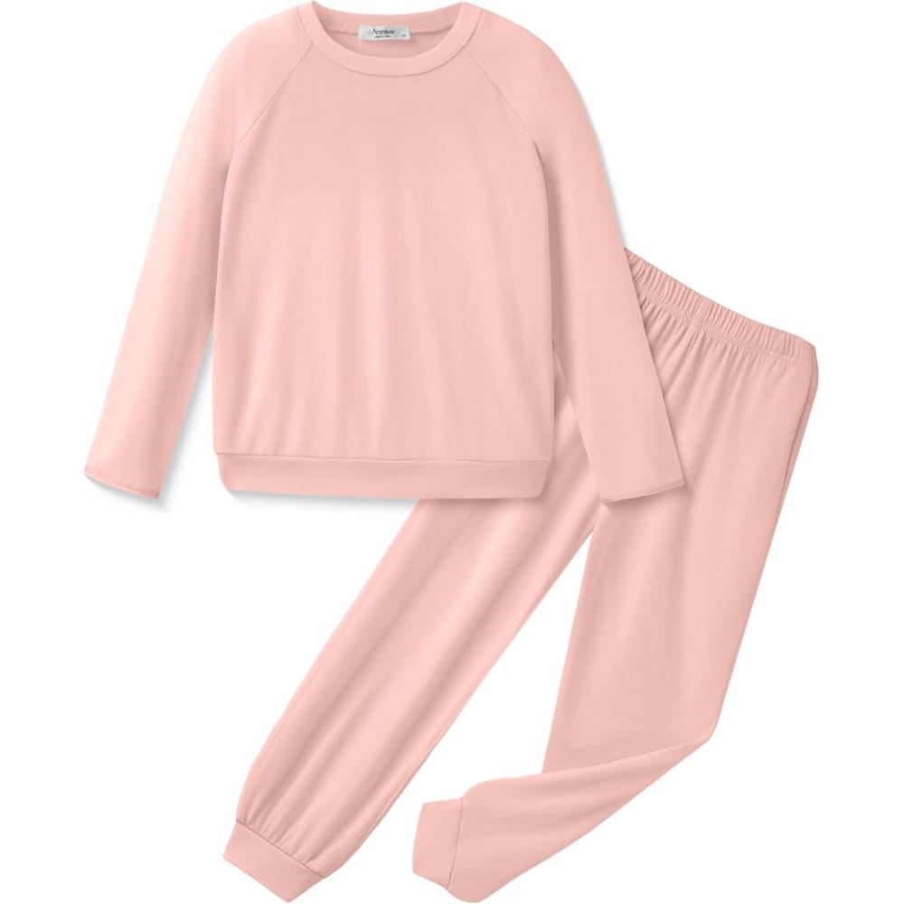 imageArshiner Girls 2 Piece Outfits Fall Clothes Long Sleeve Pullover Sweatshirt and Sweatpants with Pockets Kids ClothingLight Pink