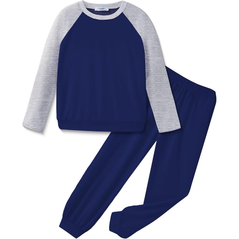 imageArshiner Girls 2 Piece Outfits Fall Clothes Long Sleeve Pullover Sweatshirt and Sweatpants with Pockets Kids ClothingNavy Bluegrey