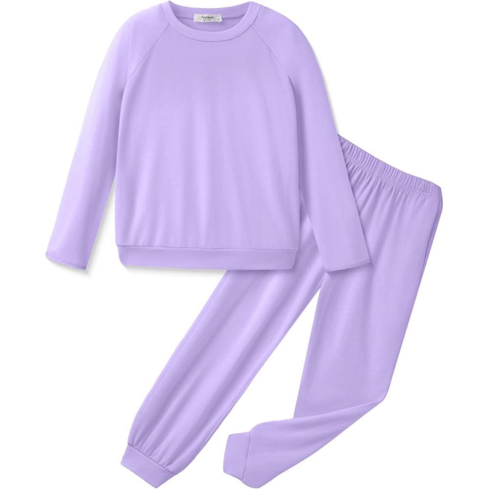 imageArshiner Girls 2 Piece Outfits Fall Clothes Long Sleeve Pullover Sweatshirt and Sweatpants with Pockets Kids ClothingPurple