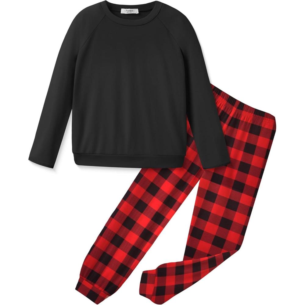 imageArshiner Girls 2 Piece Outfits Fall Clothes Long Sleeve Pullover Sweatshirt and Sweatpants with Pockets Kids ClothingRed Plaid