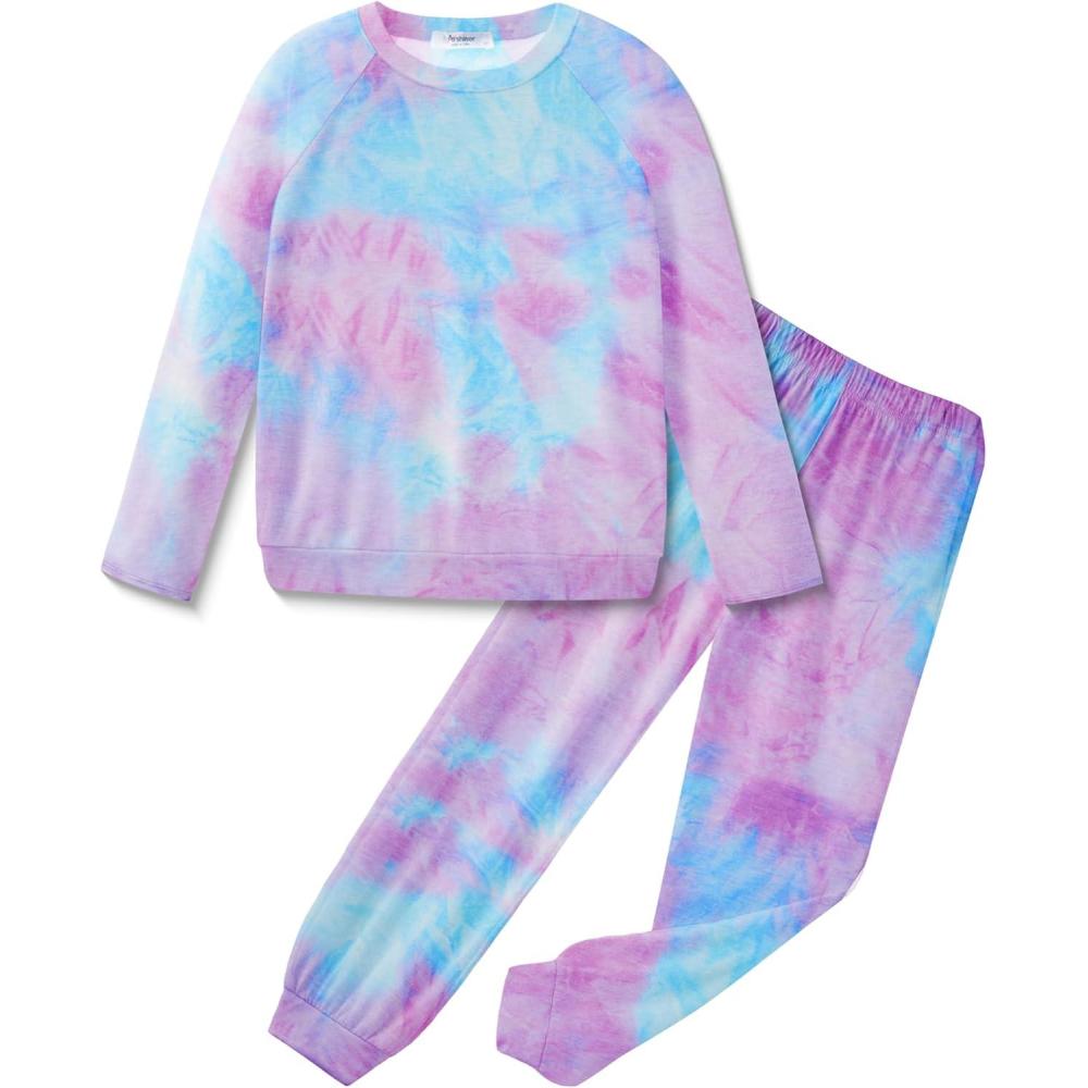 imageArshiner Girls 2 Piece Outfits Fall Clothes Long Sleeve Pullover Sweatshirt and Sweatpants with Pockets Kids ClothingTie Dye