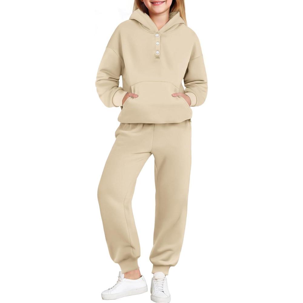 imageArshiner Girls 2 Piece Outfits Fashion Sweatsuits Button Down Hooded Sweatshirt and Sweatpants with Pockets Kids TracksuitBeige