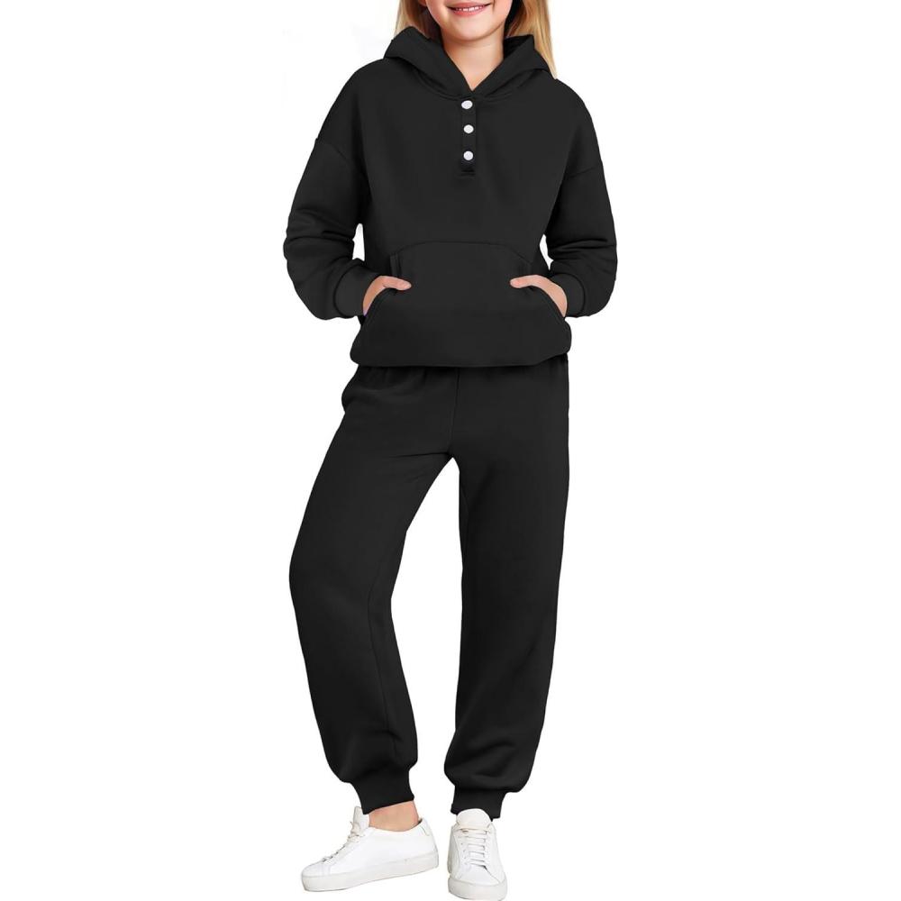 imageArshiner Girls 2 Piece Outfits Fashion Sweatsuits Button Down Hooded Sweatshirt and Sweatpants with Pockets Kids TracksuitBlack