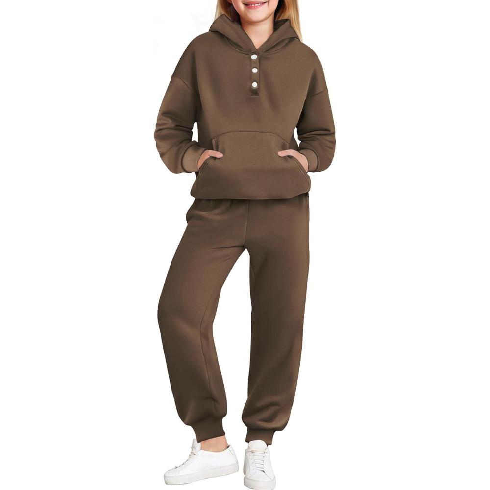 imageArshiner Girls 2 Piece Outfits Fashion Sweatsuits Button Down Hooded Sweatshirt and Sweatpants with Pockets Kids TracksuitBrown